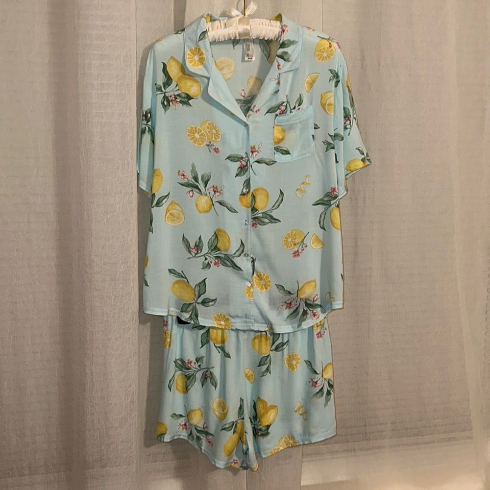 flora M 2 Piece PJ Set Seafoam Blue Green Yellow Pink Lemon Citrus Print